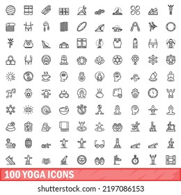 100 íconos de yoga. Ilustración de esquema de 100 iconos de yoga conjunto aislado en fondo blanco