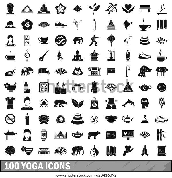 100 yoga icons set in simple style for any\
design vector illustration