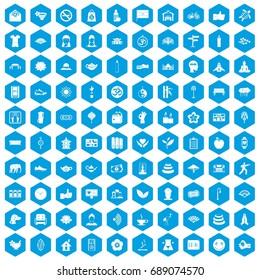 100 yoga studio icons set in blue hexagon isolated vector illustration