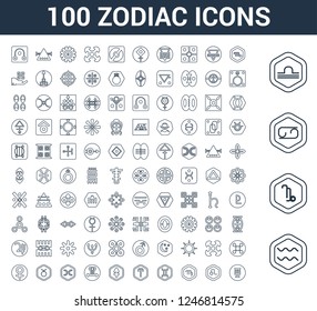 100 Zodiac universal linear icons set with Aquarius, Capricorn, Cancer, Libra, Scorpio, Leo, Virgo, Gemini, Aries, Sagittarius