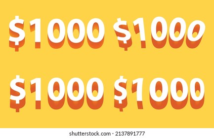 $1000 3d symbols. One thousand dollars price icons isolated on yellow background vector illustration.