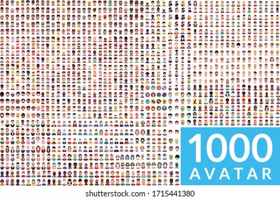 1000 Avatar Icon Set Persons, Avatars, 
 People Heads Of Different Ethnicity. 
 Vector Design