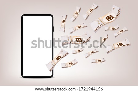 1000 baht thai money flying and smartphone screen, banknote money THB falling with mobile phone wallet, money bank note thai, paper money and smartphone, currency and online shopping concept, vector