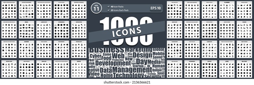 1000 Big Icon Pack administración corporativa, trabajo desde casa, diseño gráfico, santa patrick, día laboral