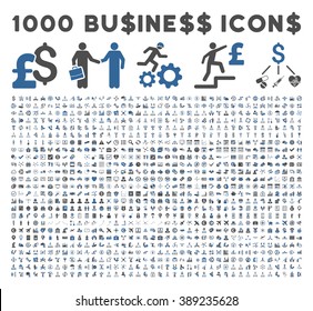 1000 Business vector icons. Dollar and pound currency. Style is bicolor cobalt and gray flat symbols on a white background.