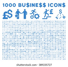 1000 Business vector icons. Dollar and pound currency. Style is cobalt flat symbols on a white background.