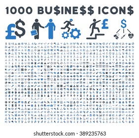1000 Business vector icons. Dollar and pound currency. Style is bicolor smooth blue flat symbols on a white background.