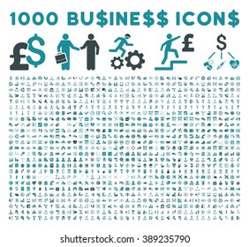 1000 Business vector icons. Dollar and pound currency. Style is bicolor soft blue flat symbols on a white background.