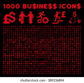 1000 Business vector icons. Dollar and pound currency. Style is red flat symbols on a black background.