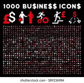 1000 Business vector icons. Dollar and pound currency. Style is bicolor red and white flat symbols on a black background.