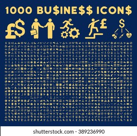 1000 Business vector icons. Dollar and pound currency. Style is yellow flat symbols on a blue background.
