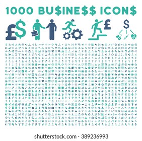 1000 Business vector icons. Dollar and pound currency. Style is bicolor cobalt and cyan flat symbols on a white background.