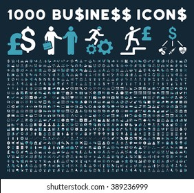1000 Business vector icons. Dollar and pound currency. Style is bicolor blue and white flat symbols on a dark blue background.