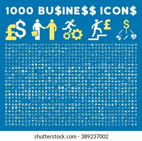 1000 Business vector icons. Dollar and pound currency. Style is bicolor yellow and white flat symbols on a blue background.