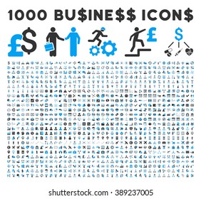 1000 Business vector icons. Dollar and pound currency. Style is bicolor blue and gray flat symbols on a white background.