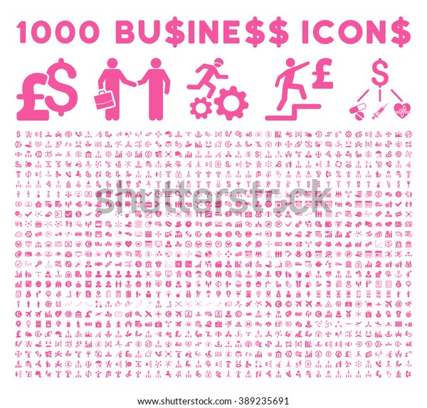 1000 Business vector\
icons. Dollar and pound currency. Style is pink flat symbols on a\
white background.