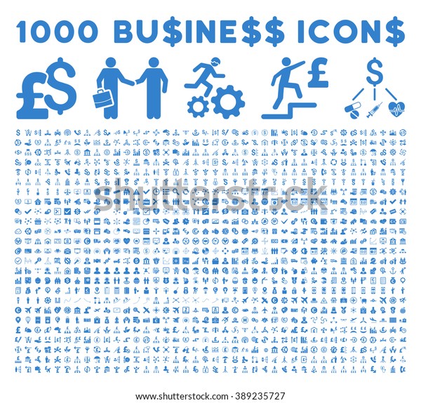 1000 Business vector\
icons. Dollar and pound currency. Style is cobalt flat symbols on a\
white background.