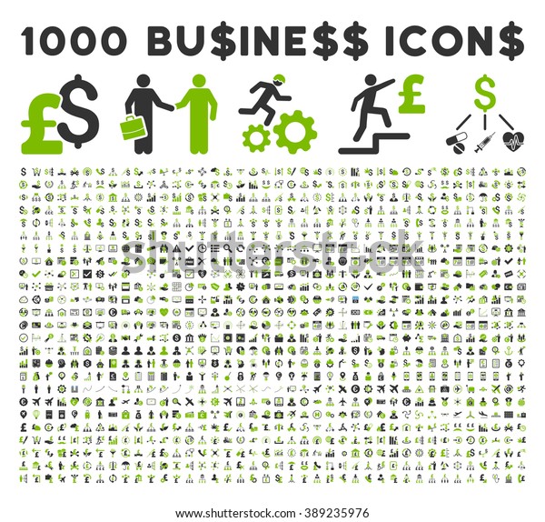 1000 Business vector icons. Dollar and pound\
currency. Style is bicolor eco green and gray flat symbols on a\
white background.
