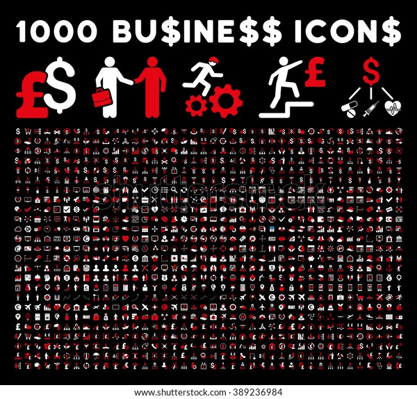1000\
Business vector icons. Dollar and pound currency. Style is bicolor\
red and white flat symbols on a black\
background.