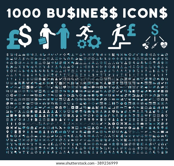 1000 Business vector icons. Dollar and pound\
currency. Style is bicolor blue and white flat symbols on a dark\
blue background.