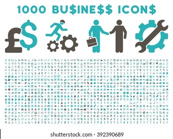1000 Business vector icons. Pictogram style is bicolor grey and cyan flat icons on a white background. Pound and dollar currency icons are used
