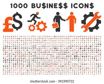 1000 Business vector icons. Pictogram style is bicolor orange and gray flat icons on a white background. Pound and dollar currency icons are used