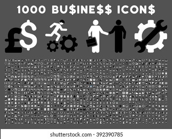 1000 Business vector icons. Pictogram style is bicolor black and white flat icons on a gray background. Pound and dollar currency icons are used