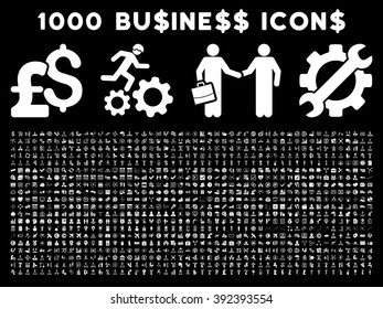 1000 Business vector icons. Pictogram style is white flat icons on a black background. Pound and dollar currency icons are used