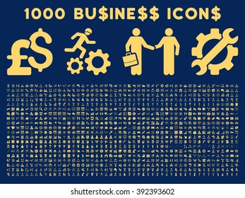 1000 Business vector icons. Pictogram style is yellow flat icons on a blue background. Pound and dollar currency icons are used