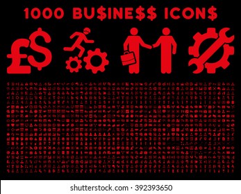 1000 Business vector icons. Pictogram style is red flat icons on a black background. Pound and dollar currency icons are used