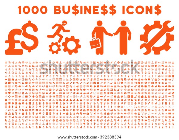1000 Business vector icons. Pictogram style is\
orange flat icons on a white background. Pound and dollar currency\
icons are used
