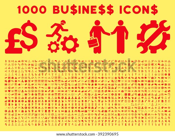 1000 Business vector icons. Pictogram style is red\
flat icons on a yellow background. Pound and dollar currency icons\
are used