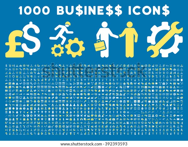 1000 Business vector icons. Pictogram style is\
bicolor yellow and white flat icons on a blue background. Pound and\
dollar currency icons are\
used