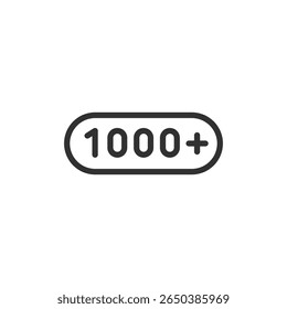 Contador de mais de 1000, ícone linear. Envolvimento social, popularidade ou métricas on-line. Linha com traçado editável.