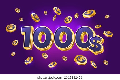 1000 dollar coupon gift voucher, cash back banner special offer, casino winner. Vector illustration