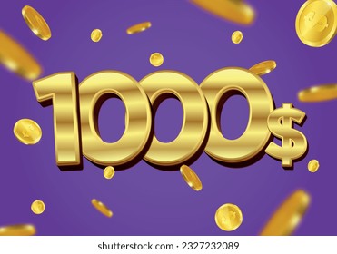 1000 Dollar gift or offer poster with flying gold coins. One Thousand Dollars coupon voucher, cash back banner special offer, casino winner. Vector illustration.