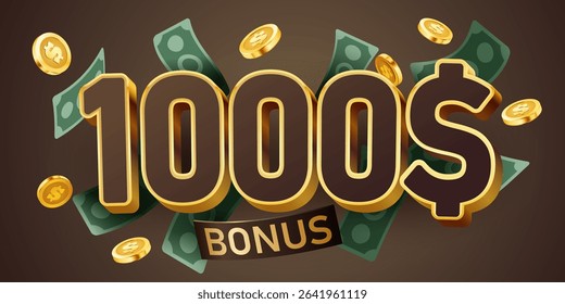 1000 dollars bonus with falling money. Cashback or prize concept. Vector illustration
