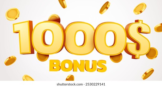 1000 dollars bonus with podium and falling golden coins. Cashback or prize concept. Vector illustration