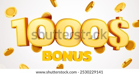 1000 dollars bonus with podium and falling golden coins. Cashback or prize concept. Vector illustration