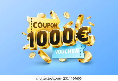 1000 euro coupon gift voucher, cash back banner special offer. Vector illustration