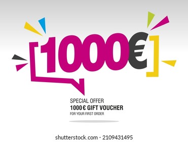 1000 Euro internet website promotion sale offer big sale and super sale modern colorful coupon code 1000 Euro discount gift voucher coupon