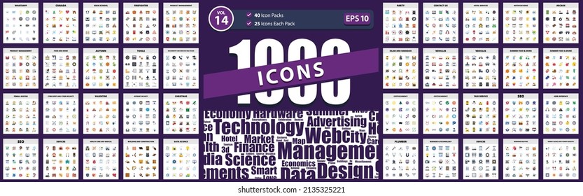 1000 Flat Icon Pack tools, food and drink, cryptocurrency, product management, high school