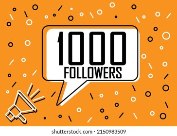 1000 Followers. Banner for social media and advertising with megaphone. Vector illustration orange and white