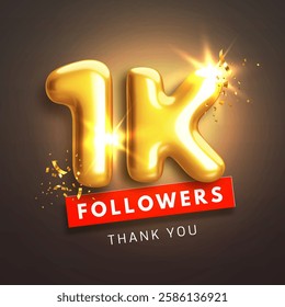 1000 followers celebration banner. Thank you 1k follower peoples. Glossy golden 3d numbers in realistic style on black background. Design for channel, group in social network. Vector illustration