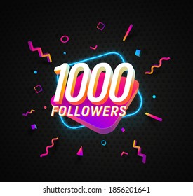 1000 followers celebration in social media vector web banner on dark transparent background. Ten thousand follows 3d Isolated design elements