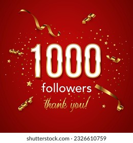 1000 followers celebration square vector banner. Social media achievement poster. One thousand followers thank you lettering. Golden sparkling confetti ribbons. Shiny gratitude text on red backdrop.