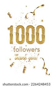 1000 followers celebration vertical vector banner. Social media achievement poster. One thousand followers thank you lettering. Golden sparkling confetti ribbons. Shiny gratitude text on white.