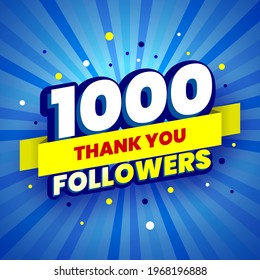 1000 followers colorful banner with yellow ribbon. Poster with thanks to subscribers on social networks.  Vector illustration.