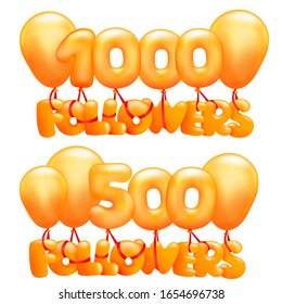 1000 Followers concept card with letters flying on balloons. Vector collection