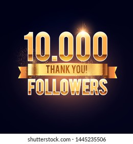 1000 followers gold sign. Thank you banner. Shining design with light bulbs.